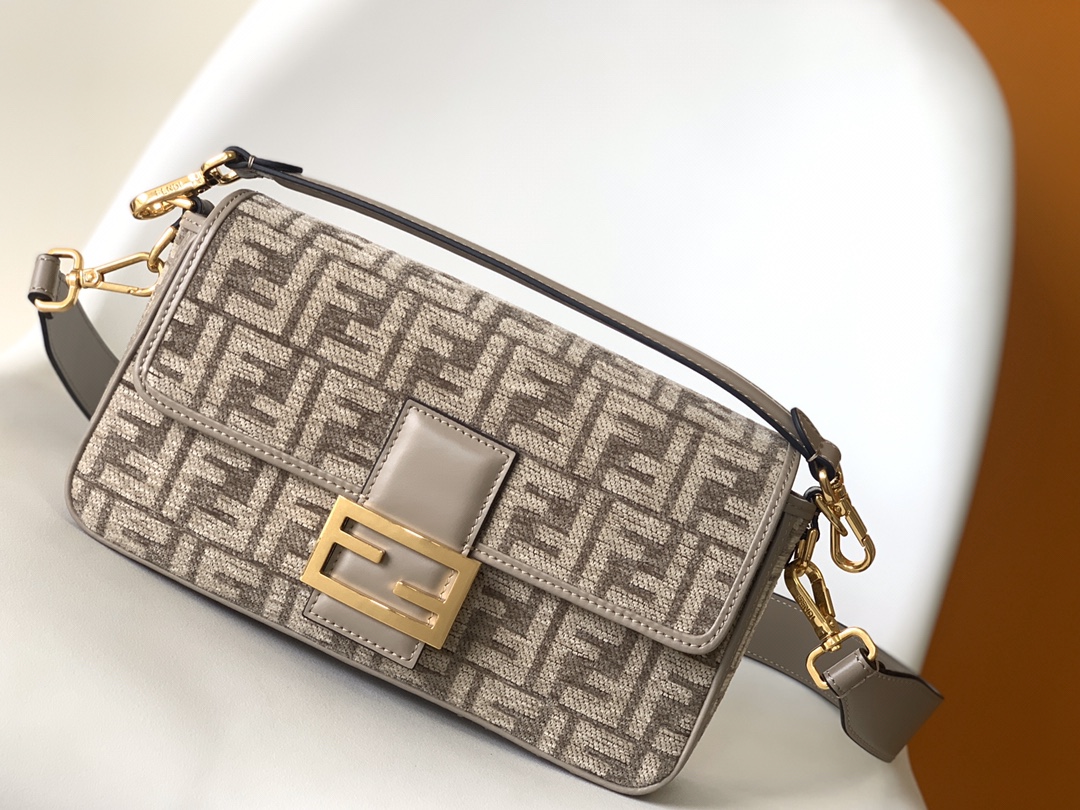 Fendi Medium Baguette FF Chenille Shoulder Bag Grey